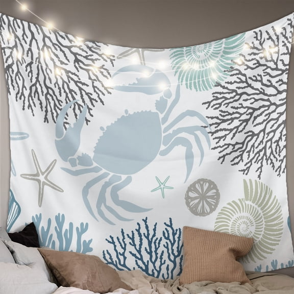 Blue Beige Crab Coastal Large Tapestry for Bedroom Wall Hanging Tapestry, Summer Coral Nautical Ceiling Backdrop Tapestries Poster Blanket Wall Decor for Teens Room Living Room Dorm 85" x 90"