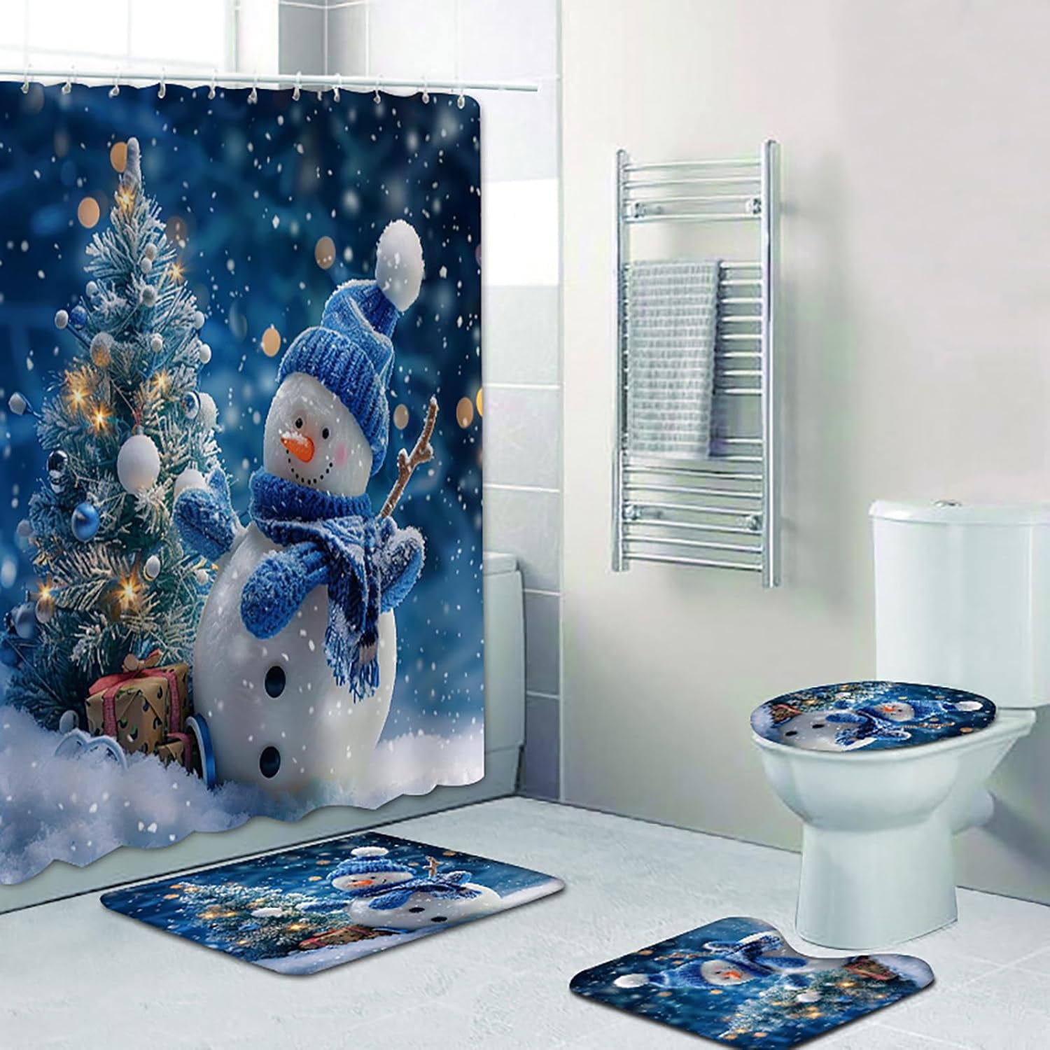 Cortina De Ducha Azul De Navidad Sin Gancho Con Forro A Presión Para