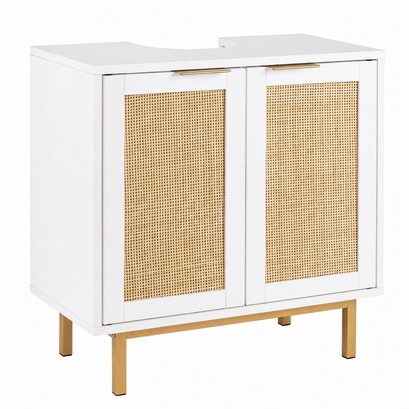 Vebreda Freestanding Bathroom Storage Cabinet, Bathroom Vanity Cabinet with U-Shaped Cut-Out 2 Rattan Doors and Shelf, Hidden Sink Organizer