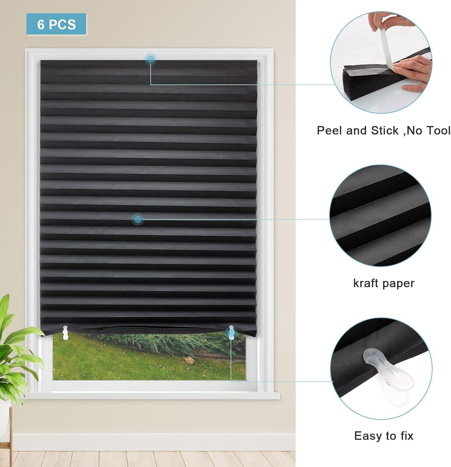 6 Pack Temporary Blackout Paper Shades For Windows Pleated Blinds With Adhesive No Tools Drilling Free Cut Size Room Darkening Shades(black  24" W X 72" H)