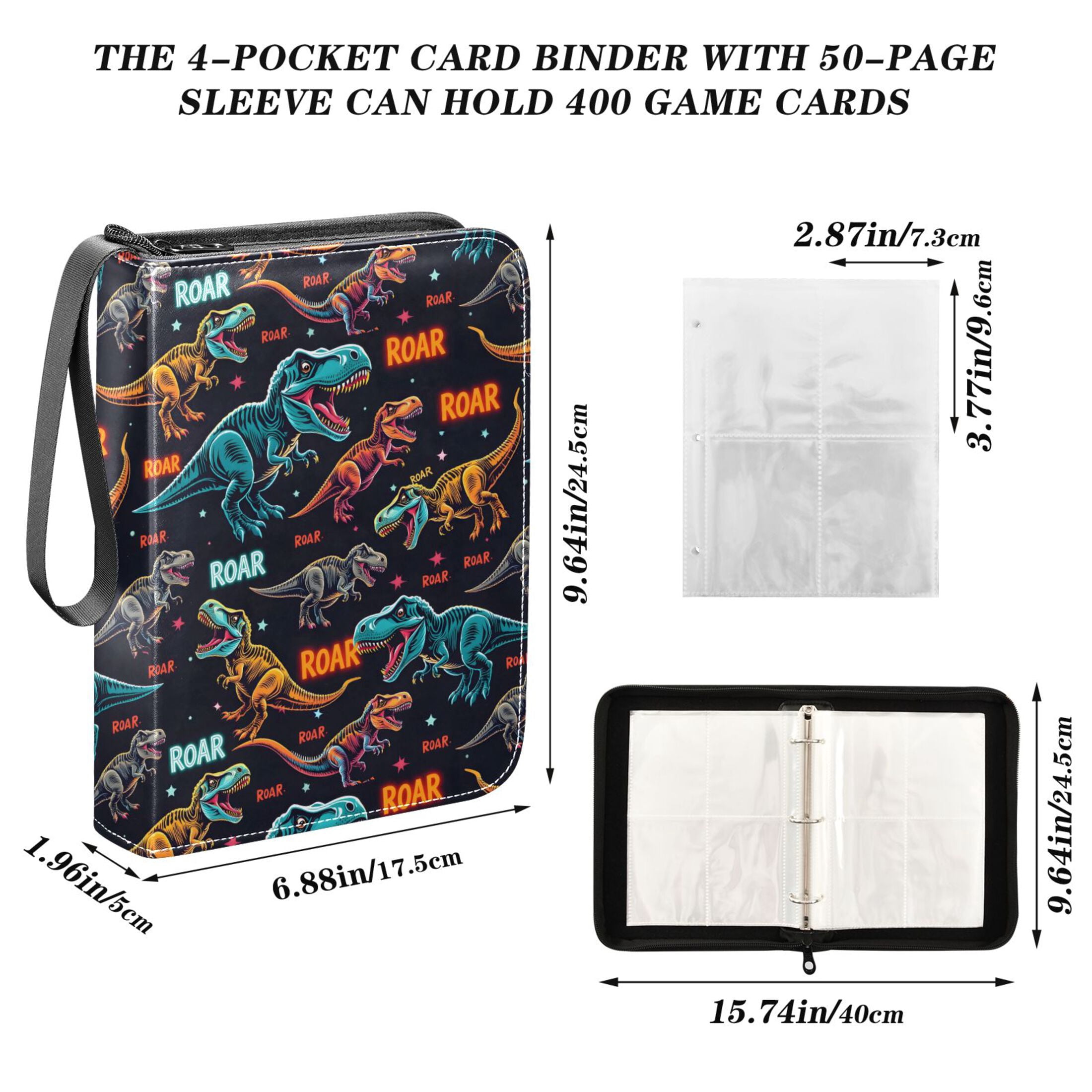 ALAZA Neon Cartoon Dinosaur Trading Card Binder 4 Pocket Cards Collection Album 400 Folder Holder