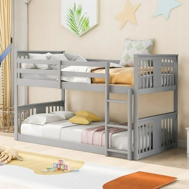 Bunk Bed with Slide,Twin Over Twin Wooden Bed Frame,Floor Bunk Bed with Guardrailfor Kids Teens,Children,No Box Spring Needed,Gray