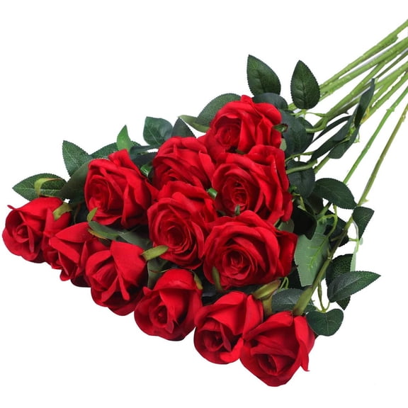 Morttic 12PCS Artificial Silk Flowers Realistic Roses, Bouquet Long Stem for Home Wedding Party Decoration (Red)