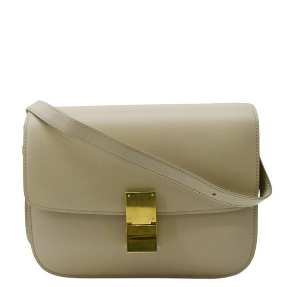 Pre-Owned CELINE Classic Box Medium Leather Flap Shoulder Bag Greige