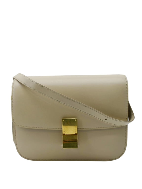 Pre-Owned CELINE Classic Box Medium Leather Flap Shoulder Bag Greige