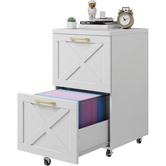 ZALIX Farmhouse File Cabinet with 2 Drawers, Vertical Filing Cabinet on Wheels for Letter/A4 Size Hanging Files, Mobile File Cabinets Printer Stand for Home Office, White