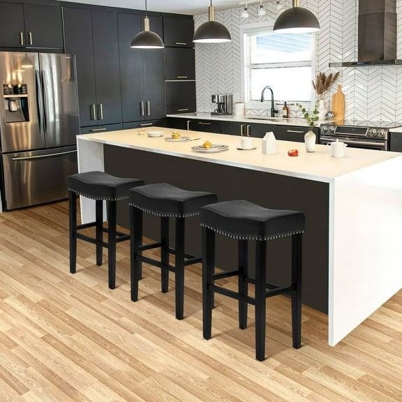 WestinTrends Lenox 29" Upholstered Saddle Seat Black Bar Stool (Set of 3), Black