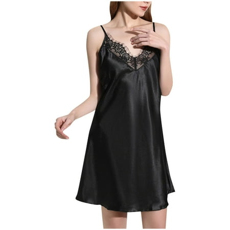 BRGZLK Sleepwear Sexy Lingerie Nightgown Lace Chemise Satin Slip Silk Negligee Nightie Bridal Babydoll for Women Black XXL