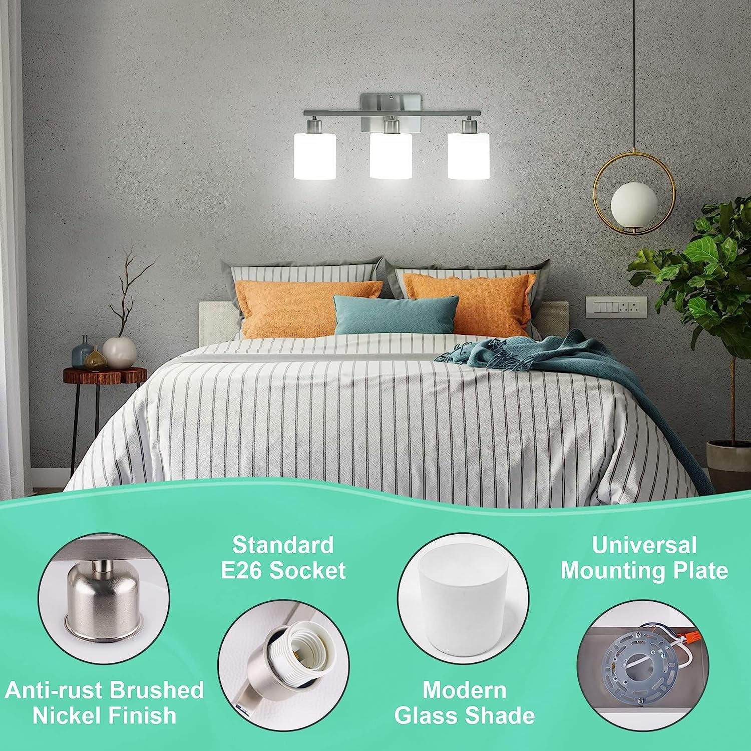 3-Light Bathroom Light Fixtures Over Mirror Brushed Nickel, Anti-Rust Bathroom Vanity Lights for Mirror, Bedroom, Modern Wall Sconces E26 Base, Milky White Glass Shades, Bulbs Not Included