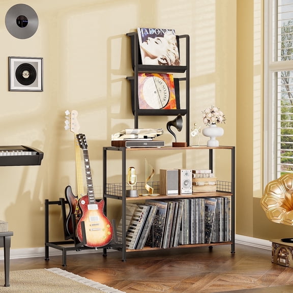Vinyl Record Player Stand with Guitar Stand, Record Player Table with RGB LED Light, Record Player Cabinet with Vinyl Storage Holds up to 300 Albums, Vinyl Player Stand for Home Use (Brown)