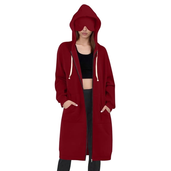 Women's Long Hoodie with Zipper, Loose Fit, Stylish, with Eye Mask and Pockets