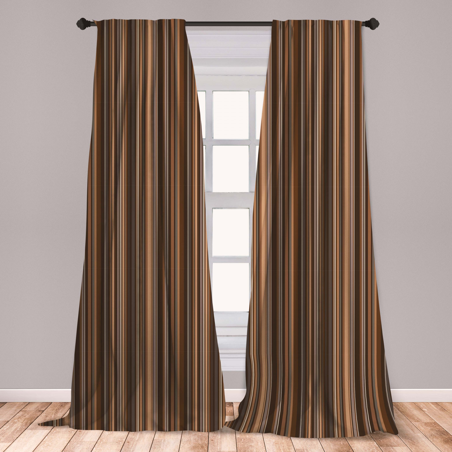Abstract Curtains 2 Panels Set, Vertical Lines in Earthen Toned Color