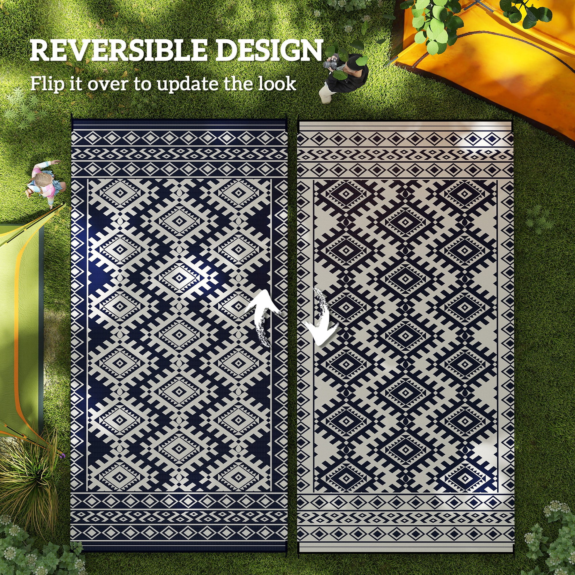 9' x 18' Blue & White Rhombus Border Reversible Outdoor Rug, Waterproof Patio Camping Mat with Carry Bag, Foldable Portable RV Carpet