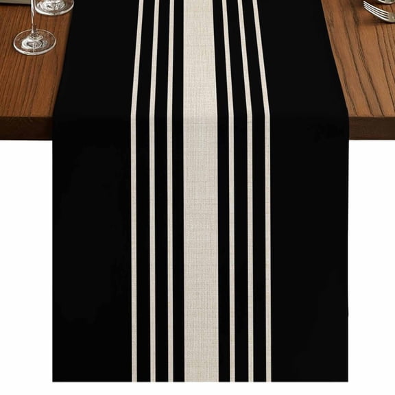 Black Beige Striped Table Runner 108 Inches Long,Modern Farmhouse Retro Lines Cotton Linen Table Runners Dresser Scarves,Decorative Tabletop Scarf Furniture Cover for Home Dinner Party 13"x108"