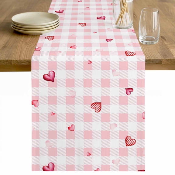 Valentine's Day Table Runner 70 Inches Long Farmhouse Dress Scarves, Red Love Heart Romantic Pink Buffalo Plaid Dining Tablerunner for Coffee Table/Kitchen Island/Party Décor, 13" x 70"