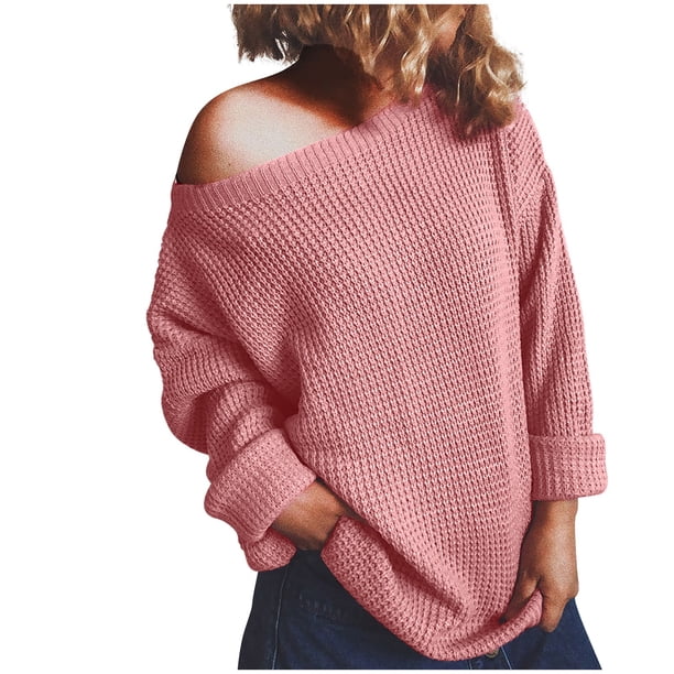 Gibobby Suéter de Punto Suéter de mujer con hombros descubiertos, manga larga, informal, de Color sólido, de punto, para vacaciones, invierno, suéter suelto, Tops (Rosa, L)