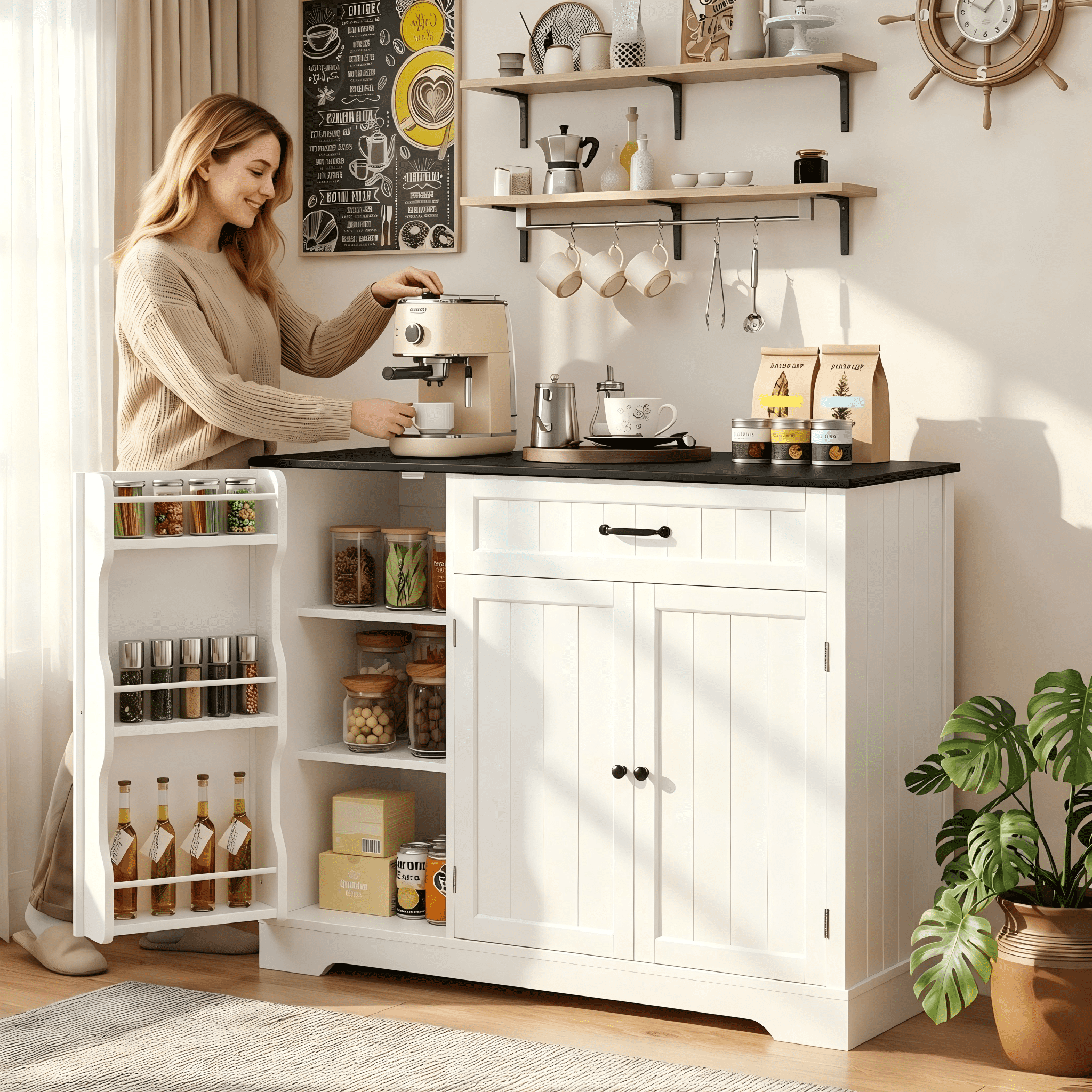 Coffee Bar Cabinet, Lofka 42" Farmhouse Kitchen Storage Sideboard Buffet Cabinet with 8 Shelves & 1 Drawer, Multifunctional Console Table for Dining Living Room Entryway Coffee Station, Black Desktop