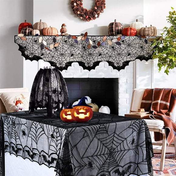 Coolmade 3 Pack Halloween Decorations, Black Lace Party Decor, Spider Web Fireplace Mantel Scarf Cover, Spider Web Table Topper Tablecloth, Halloween Lamp Shade