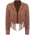 thumbnail image 3 of TiaoBug Women's Faux Suede Fringe Cropped Jacket Long Sleeve Vintage Cardigan Swing Tassel Outwear Brown M, 3 of 5