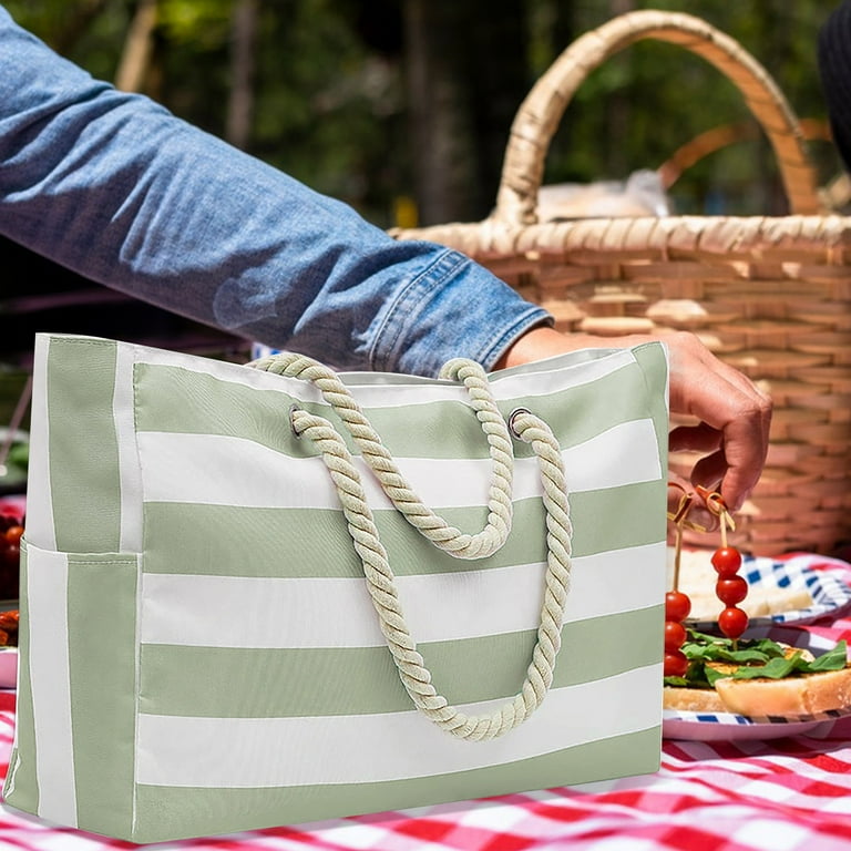 TNOBHG Rope Handle Beach Bag Beach Bag with Side Pocket Thick Braided Rope Internal Waterproof Pocket Sandproof Zipper Closure Capacity Travel Tote