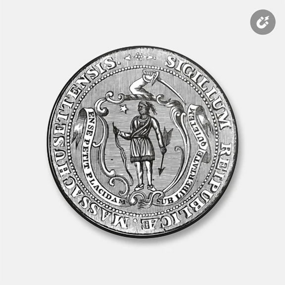 Massachusetts Retro Usa Seal | 4'' X 4'' Round Decorative Magnet