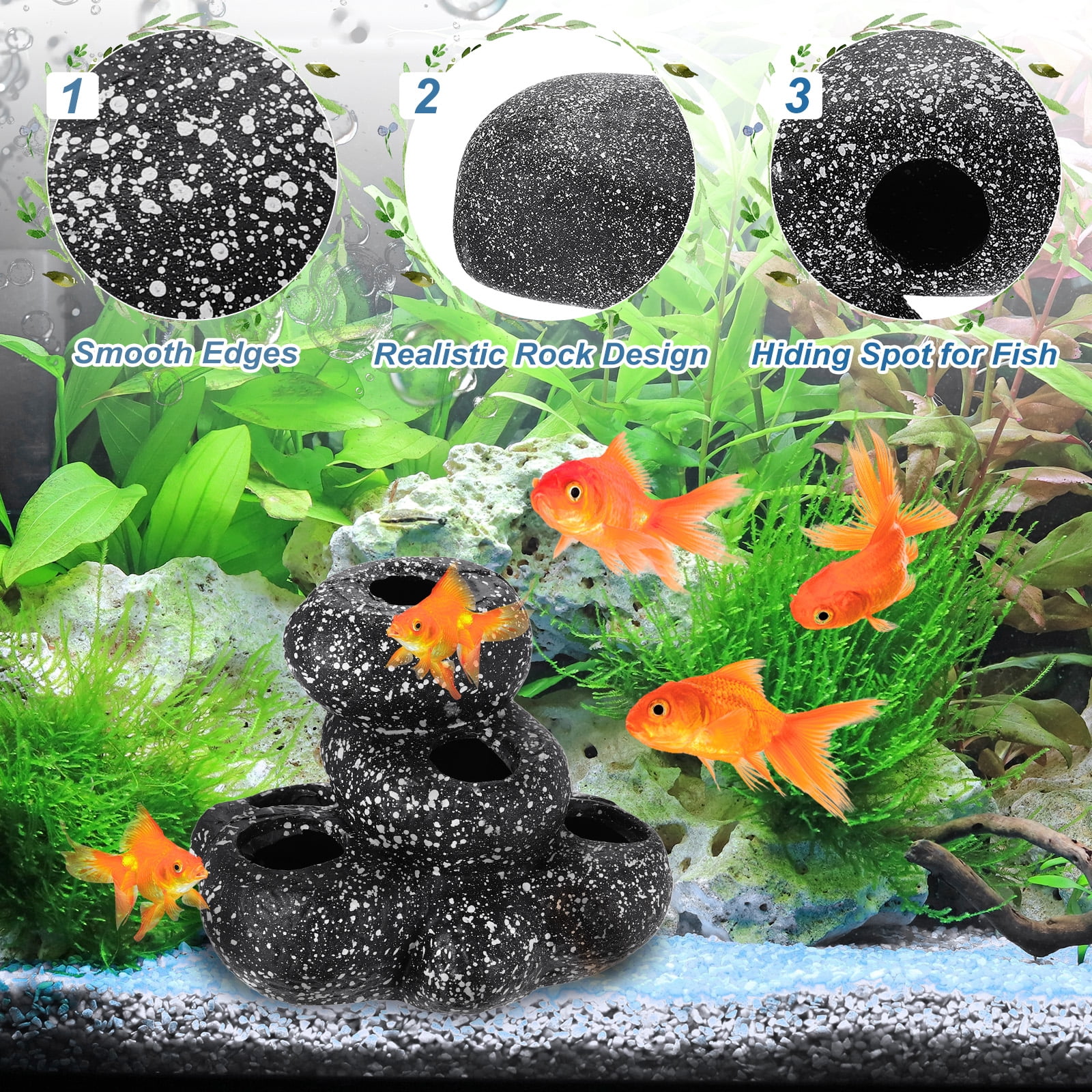 Uxcell Aquarium Decorations Rocks, 5.9x4.4x4.6 Inch Betta Hide Resin Realistic Fish Tank Ornaments, 2Pcs(Grey), Intended for Small Fish / Shrimp / Guppy