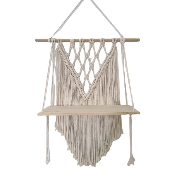 Estante para colgar en la pared de macramé, estante para colgar en la pared de madera bohemia, estante hecho a mano natural con cuerda de algodón para sala de estar, oficina, decoración de dormitorio Afortunado Sencillez
