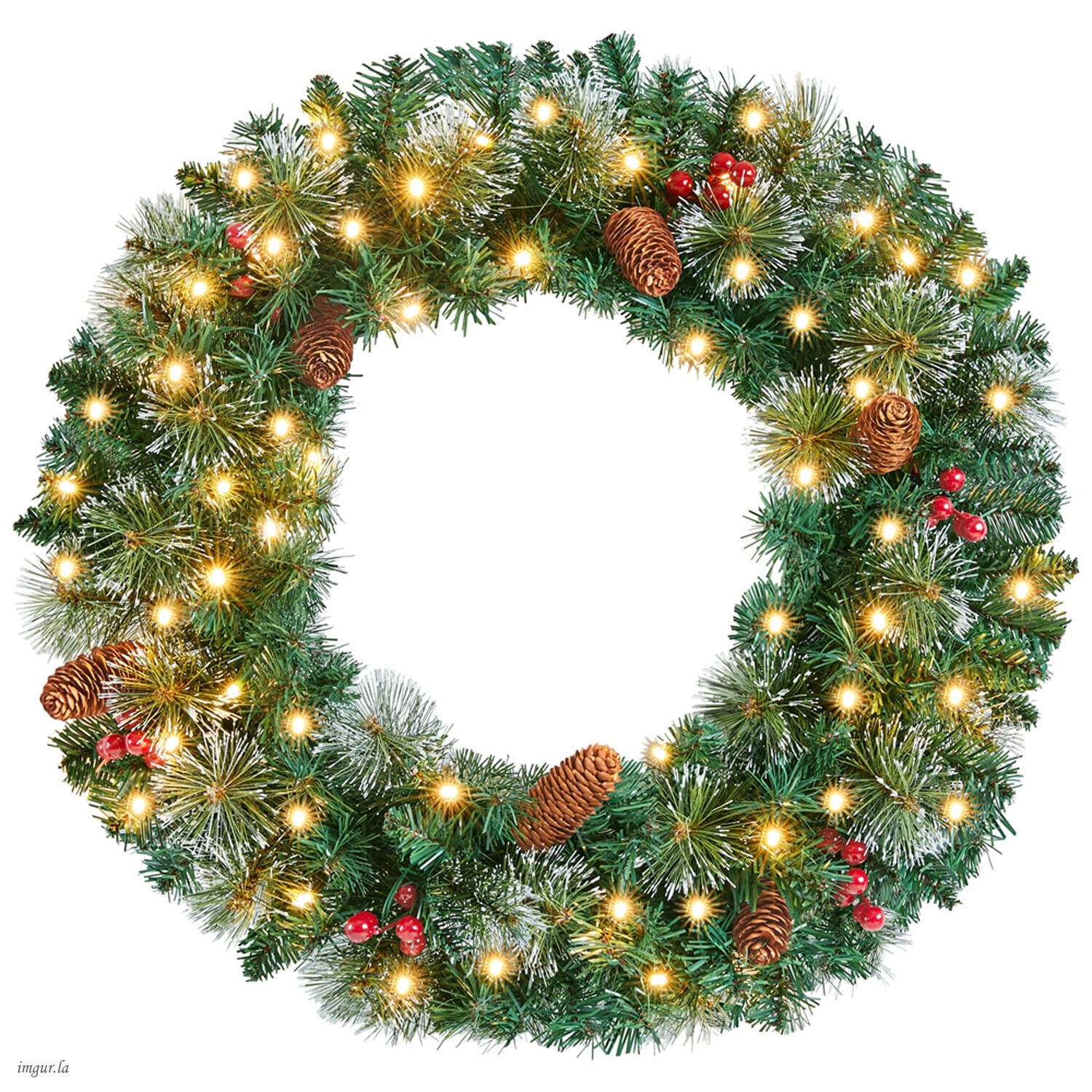 Alden Design 24 inch Artificial Pre-lit Frosted Christmas Wreath with Bowknot & Pinecones & Holly Berries & LED Lights, Green