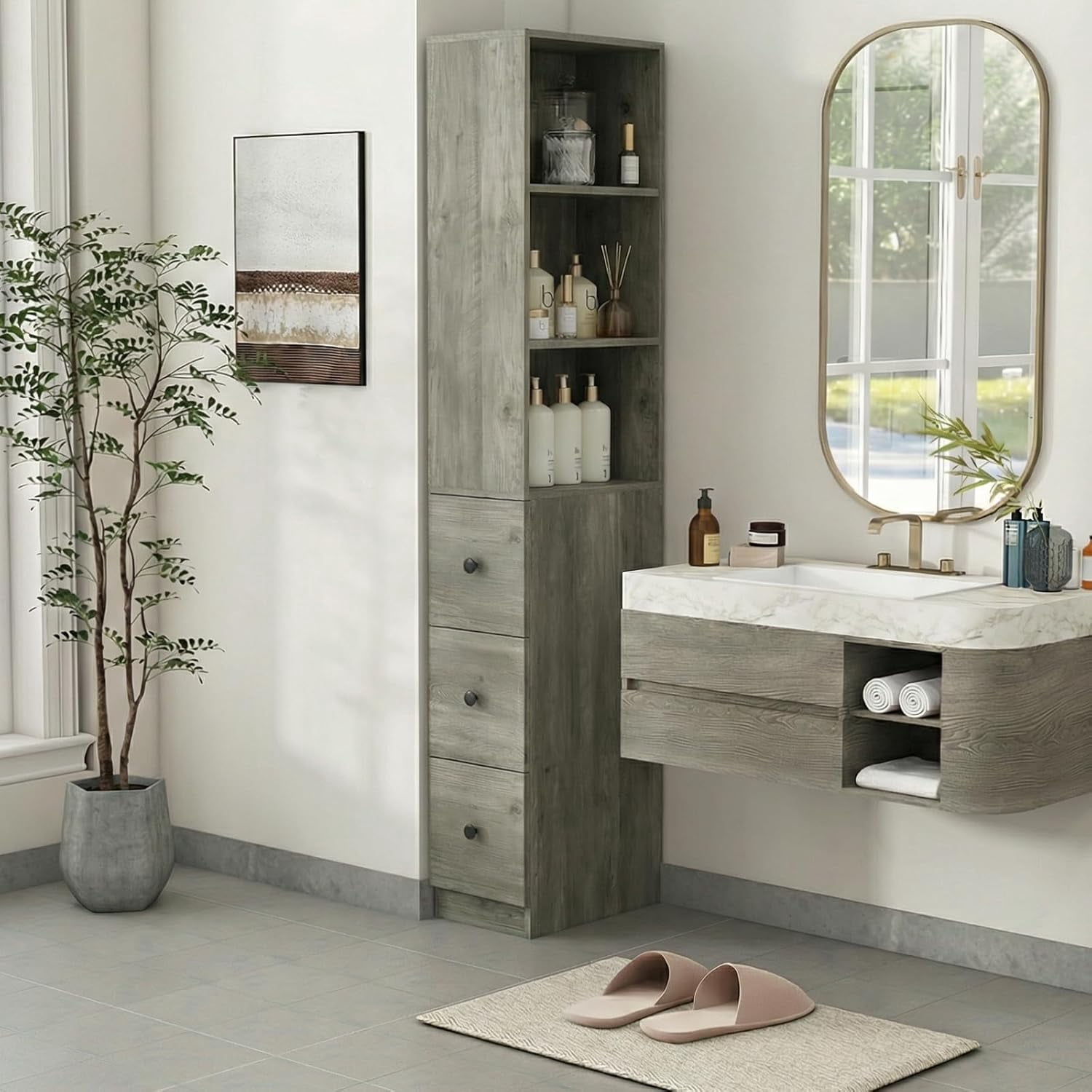 Storage Cabinet Tall Narrow Bathroom Organizer with 3-Level Adjustable Shelves Slim Free Standing Space Saver for Living Room Kitchen, Gray