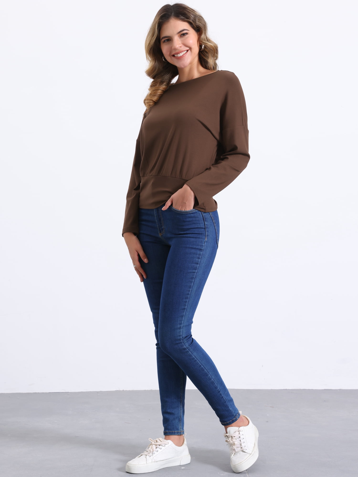 DARING DIVA Women's Casual Long Sleeve Knit Drop Shoulder Loose Blouses L Coffee