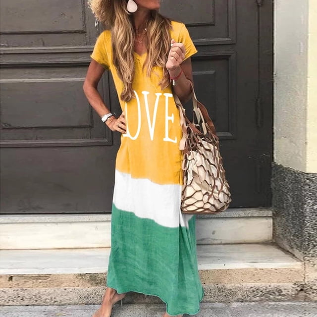 LOVZFMLL Women Plus Size Daily Tie-dyed Color Block Loose V Neck Short Sleeve Maxi Dress Yellow M