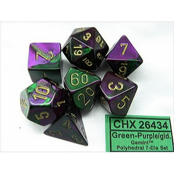Chessex Manufacturing 26434 Cube Gemini Set Of 7 Dice - Green & Purple With Gold Numbering