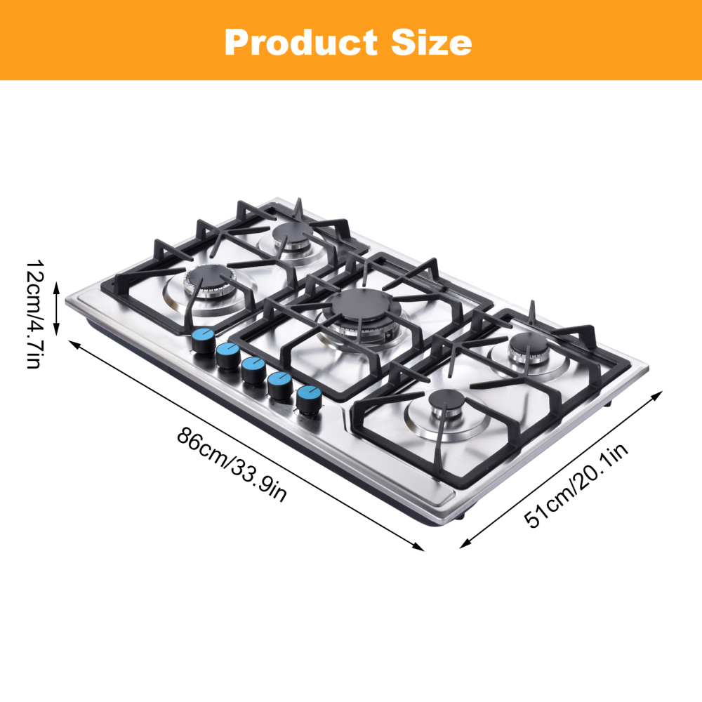 Gas Stove Top W/5 Burner Built-in Gas Cooktop 34in Stainless Steel NG/LPG
