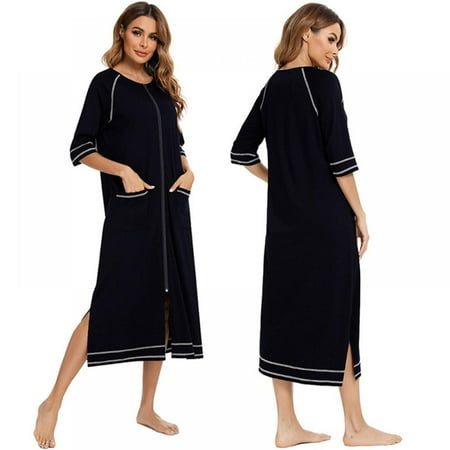 

Starmoon Women s Short Sleeve Zipper Robe Long Nightgown Lougewear with Pockets S-XXL