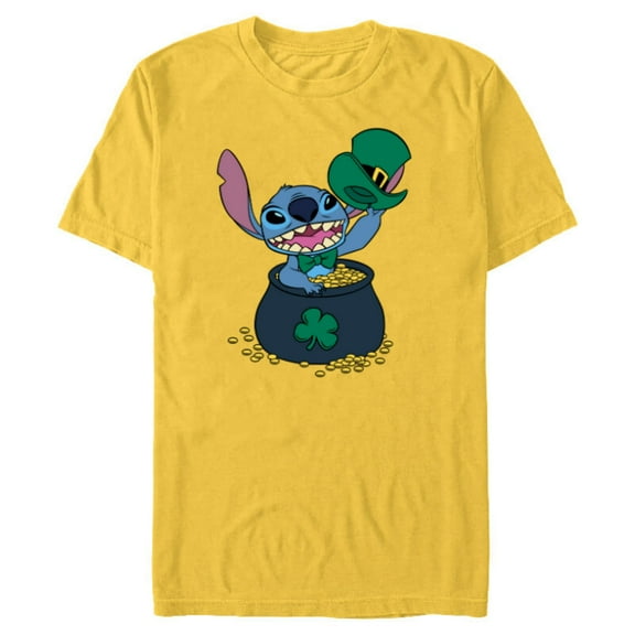 Disney Stitch 4-Leaf Clover Pot of Gold St. Patrick's Day - Short Sleeve Blended T-Shirt for Adults - Customized-Yellow