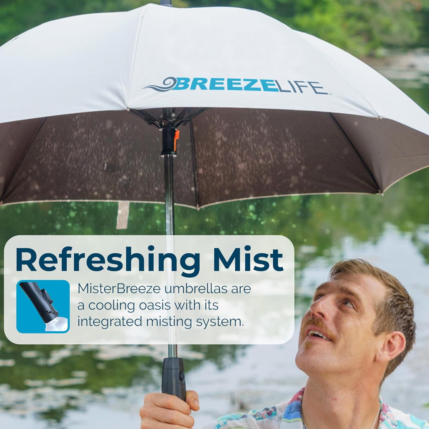 BREEZE LIFE Golf Umbrella with Fan and Mister. Portable misting and shade that blocks 99.9% of UVA and UVB rays UV sun protection and cooling at festivals, beach, and sporting events. (American Flag)