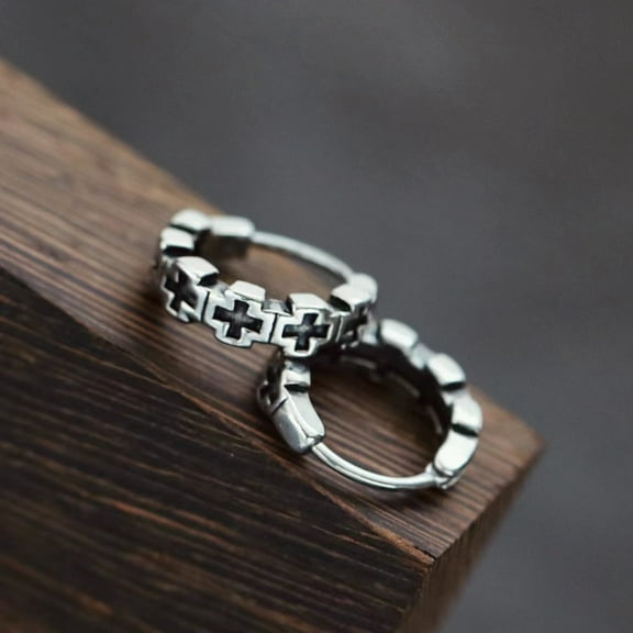 Silver Small Cross Hoop Earrings, Men's Unisex Round Hoop Earrings, Christian Jewelry