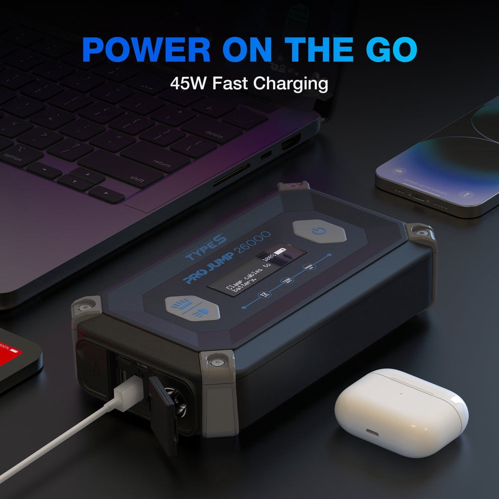 Type S Dynamic Pro 2500A Car Battery Jump Starter Portable Charger Power Bank, Laptop Power Bank 26000 mAh, 12V 9L Gas 6L Diesel, LCD Display Guide, USB-C & USB-A, LED Flashlight, UL Listed