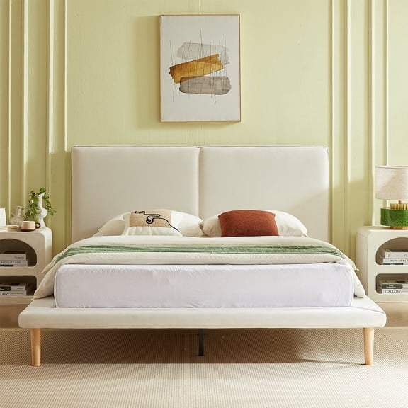 Queen Size Upholstered Platform Bed Frame with Wood Legs, Modern Beige Linen-Looked Fabric Bed with Wide Padded Headboard, No Box Spring Needed