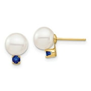 14K 7-7.5mm White Round Freshwater Cultured Pearl Sapphire Post Earrings QXF753E/S