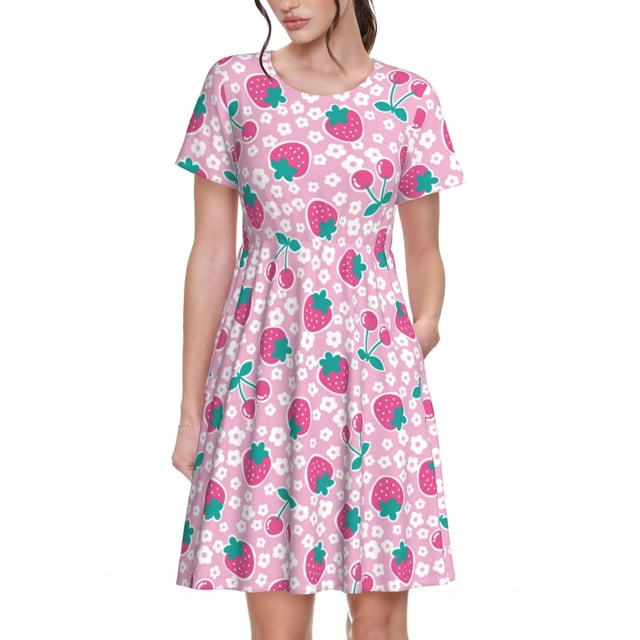 Balery Cherry Strawberry Vestidos sueltos de manga corta para mujer, vestidos de verano 2025, vestidos casuales de corte A con vuelo.