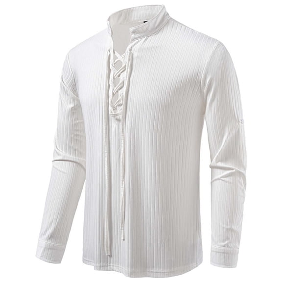 ZGRBOU Men's Medieval Lace Up Stand Collar Shirt Vintage Ribbed Knit Long Sleeve Tops Renaissance Pirate Casual Blouse