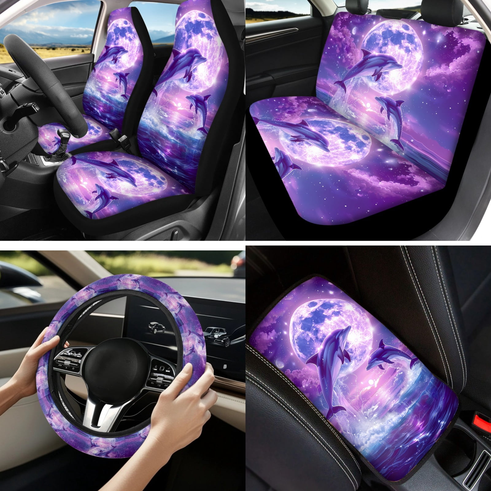 Yuyamidu Cute Dolphin Car Seat Cover Set with Steering Wheel Cover Purple Moon Seat Belt Pad Cup Holder Auto Armrest Cover Keychain Fit for Most Cars SUVs