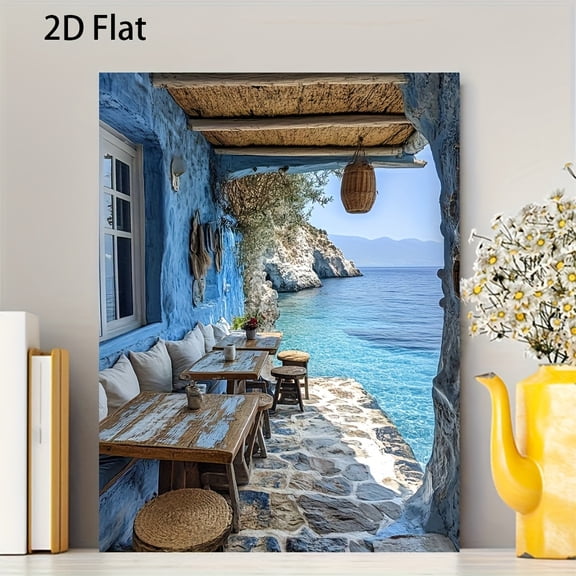 1pc Framed Canvas Painting - Greek Island Landscape Wall Art with House & Turquoise Waters, Coastal Decor for Living Room, Bedroom, Office - Ready-to-Hang Canvas Print in Sturdy Wooden Frame