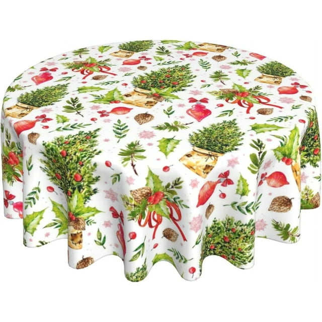 Nappe de Noël Ronde 60 Pouces Plante Verte Feuille de Baie Rouge Nappe Décorative Lavable Résistante aux Plis et aux Taches Polyester Couverture de Table de Fête Dîner Pique-Nique