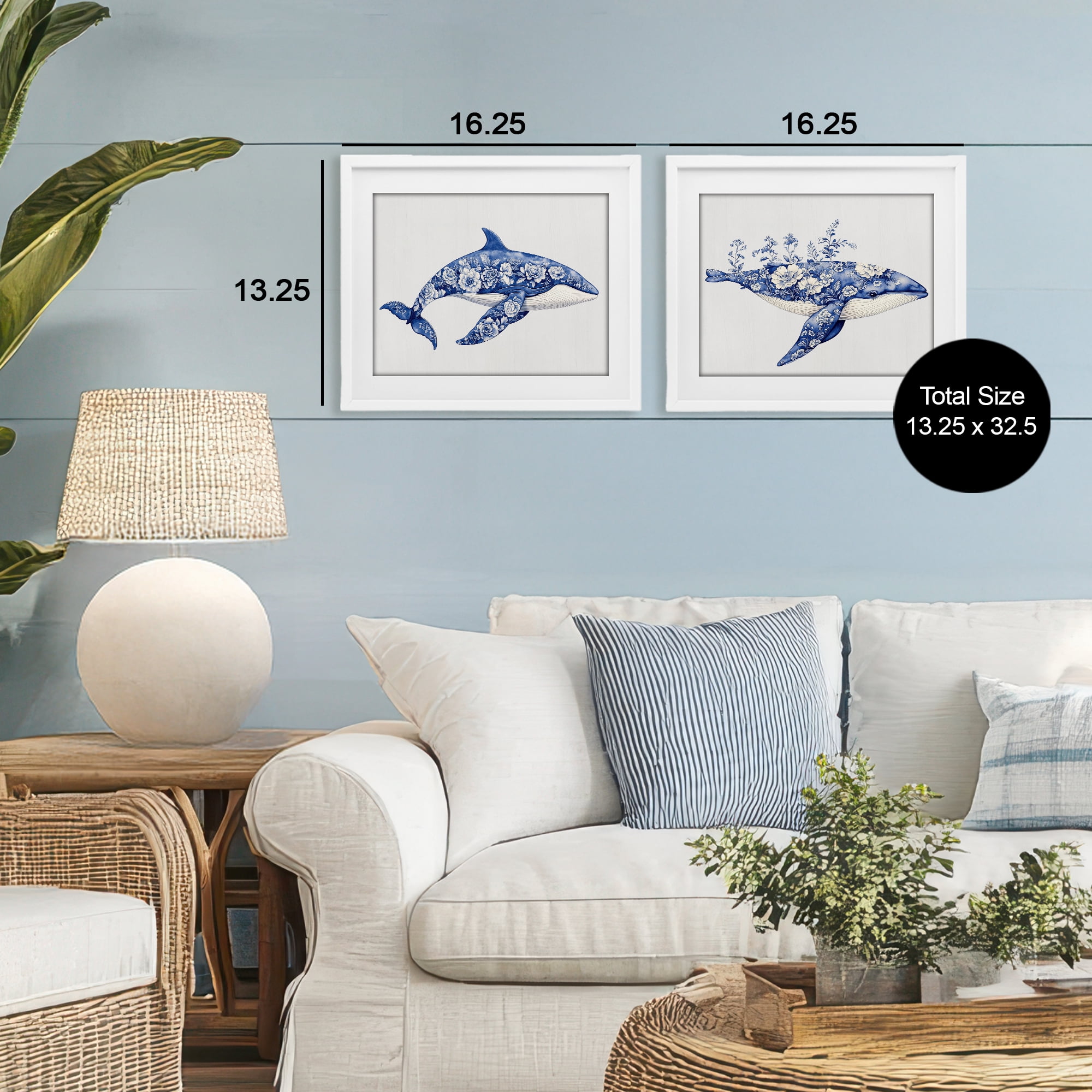 Blooming Toile Pattern Whales 2 Piece White Framed Print Under Glass Set, design by Lettered and Lined
