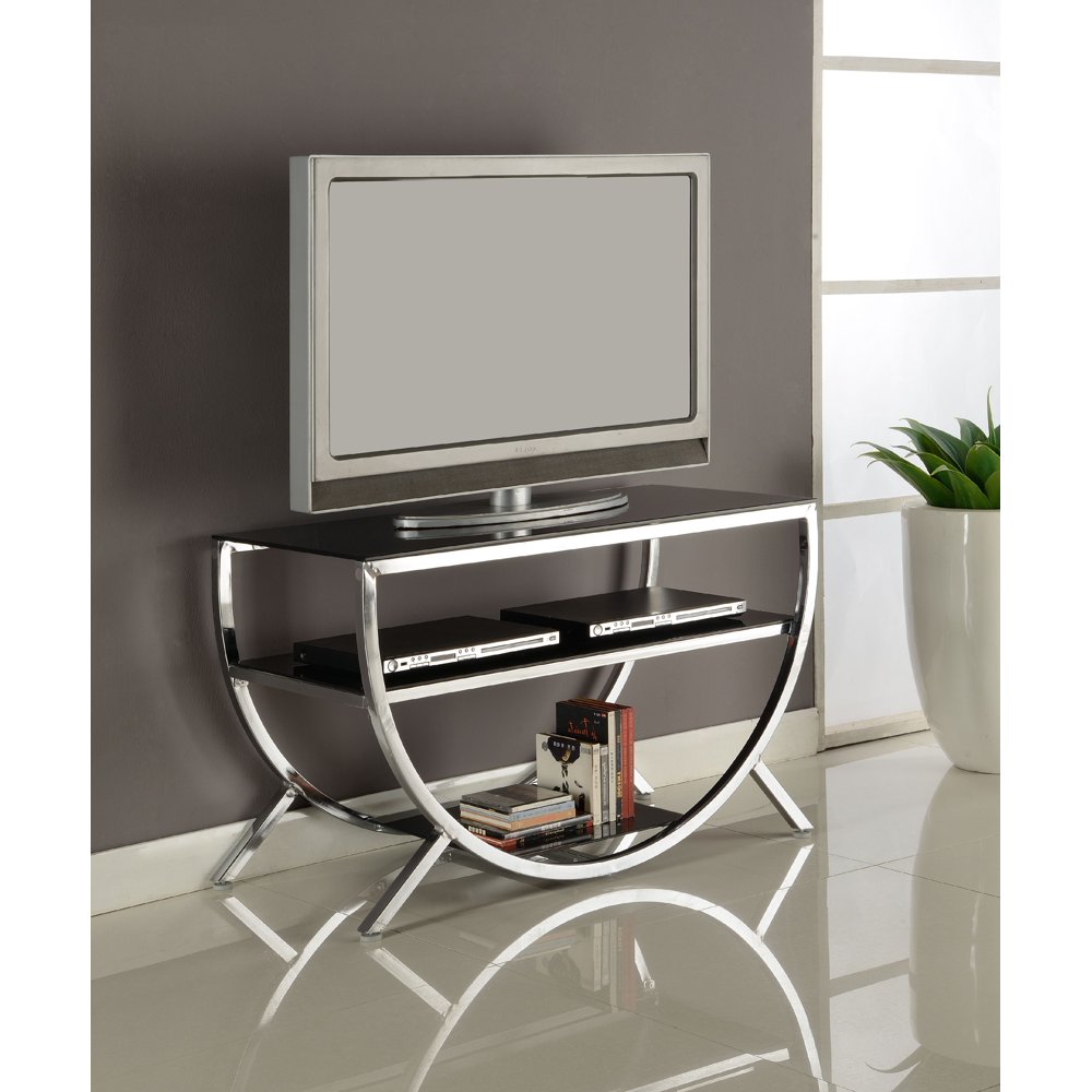Blakely 38" Modern Entertainment Center TV Stand, Chrome Frame, Black
