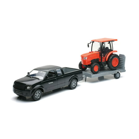 Newray Truck and Trailer With Kubota L6060 Farm Tractor 1/18 Scale Collectible Model Vehicle Set, Model : SS-34153 By New Ray