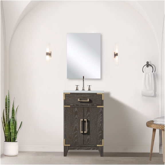 JERFIT 20 inch Bathroom Vanity Set with Sink, Faucet & Soft-Close Cabinet in Brown Oak Finish