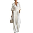 thumbnail image 2 of Women's Light Blue V-Neck Wide-Leg Jumpsuit, Batwing Sleeve Ruched Waist Maxi Jumpsuit White M, 2 of 3